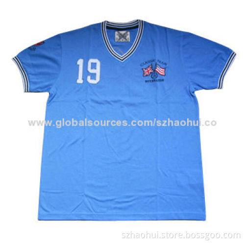 Men's Ribbed V-neck Design Embroidered Sports Top, Made of TC65/35 Pique Fabric